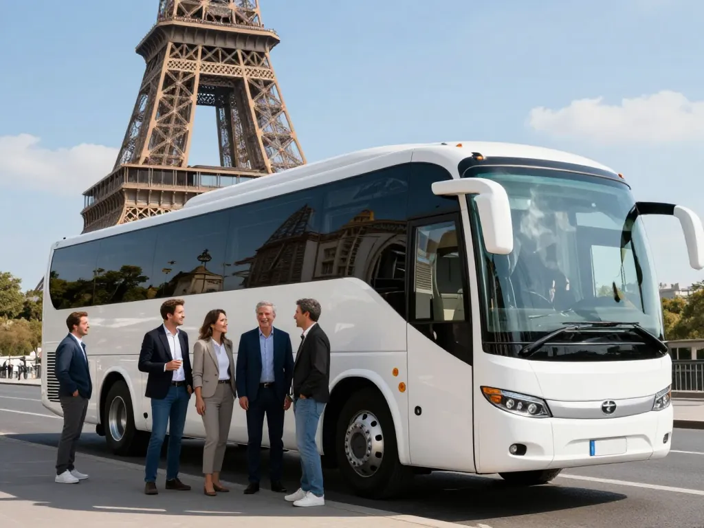 Autocar de tourisme devant la Tour Eiffel